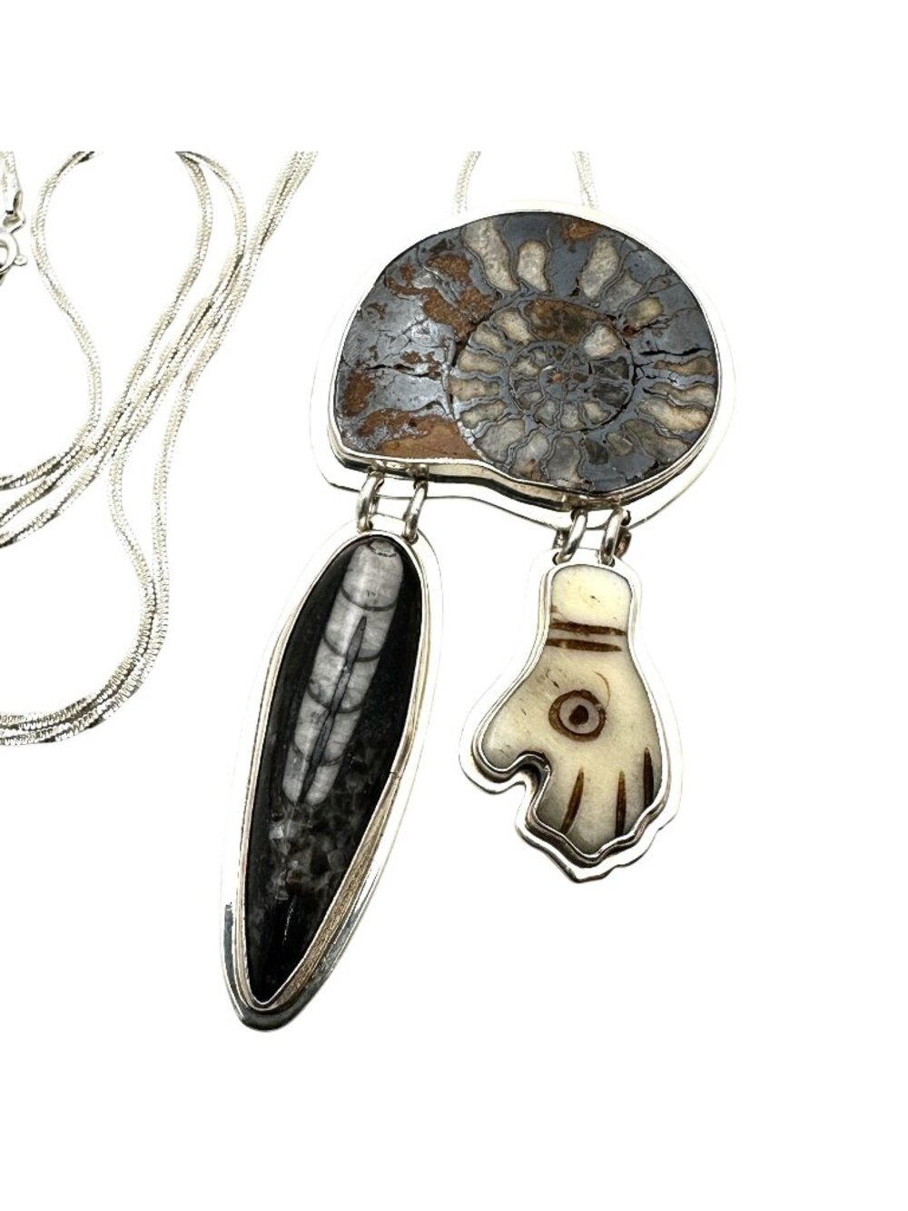 Artisan SW Sea Shell Ammonite Orthoceras Fossil Sterling Silver Pendant Necklace